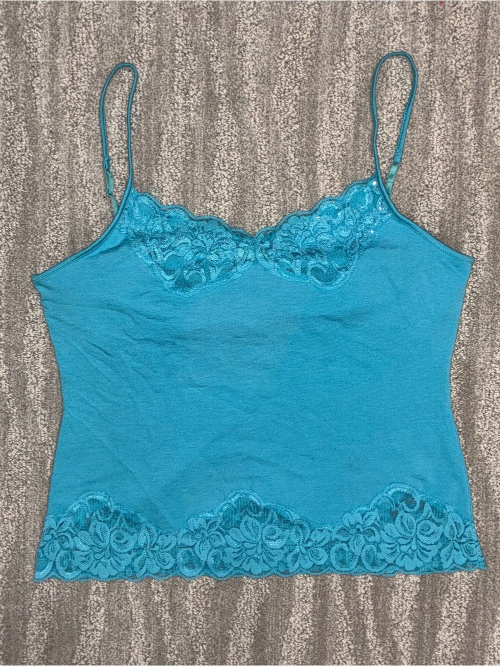 WD NY Silk Beaded Camisole Blue Lace Trim Y2K Fairy Built In Bra Women’s Sz M